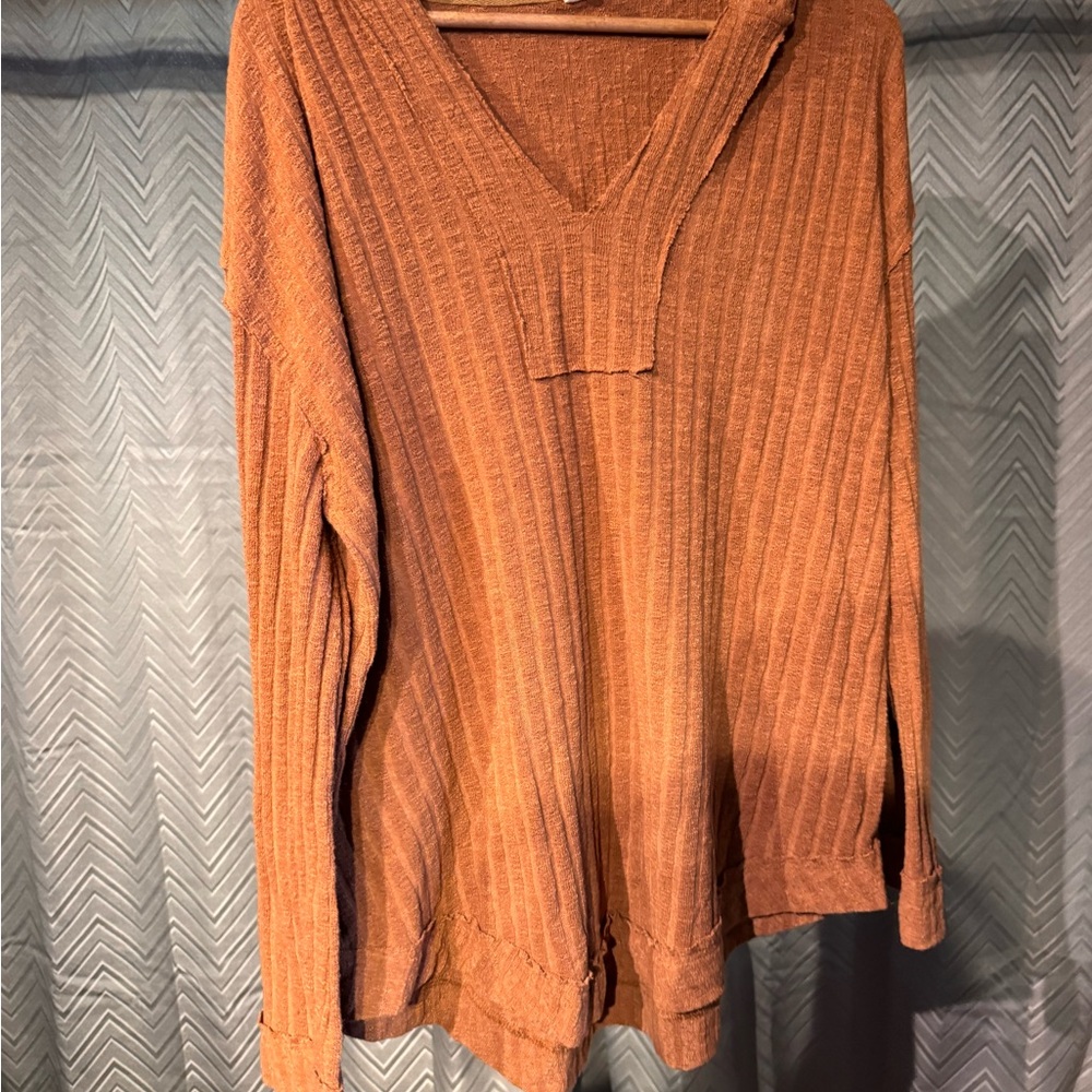 Wishlist Rust Orange Ribbed V-Neck Hoodie